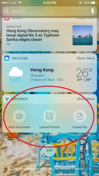 可於 Widget 介面新增、檢視及上傳檔案，甚至可利用相機掃瞄，把圖片儲存為 pdf 或 png 圖檔，並上存至 Dropbox。