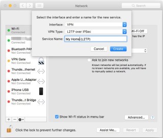 在「System Preferences」裡選擇「 Network 」，並選擇左下的「 + 」號，在新服務對話框裡，Interface 選「 VPN 」，「 VPN Type 」選「 L2TP over IPSec 」，「 Service Name 」就隨便填個名稱好了。