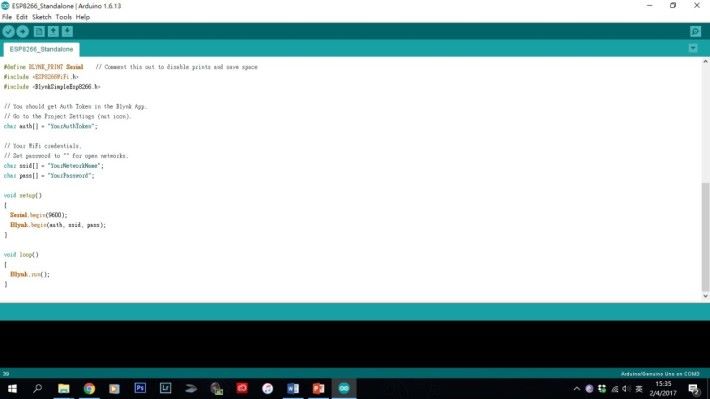 Step 2: 於 Arduino IDE 中修改例子當中的下例部份，「YourAuthToken」改 成剛才取得的AUTH TOKENS；「YourNetworkName」改成連接至的硬件部份的無線網路的名字；「YourPassword」改成無線網路的密碼。