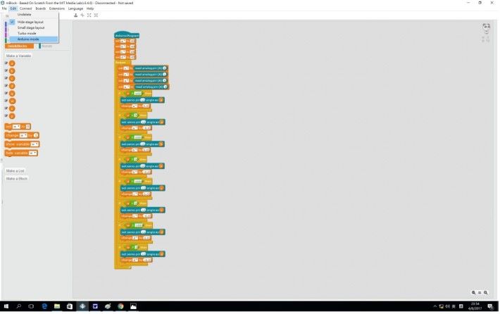 Step 9: 最後是將程式安裝至電路板內。按左上角的「 Edit 」→「 Arduino mode 」。