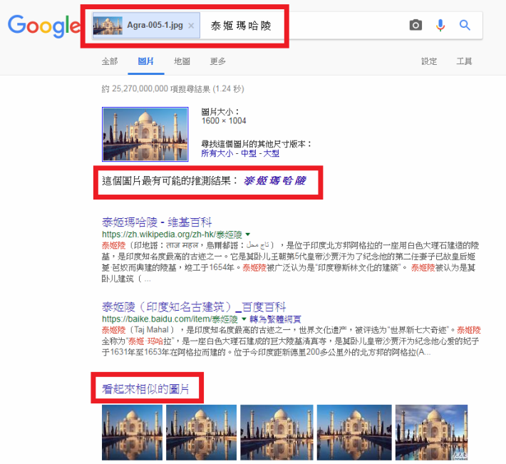 用圖片搜尋，Google能辨識這裡就是泰姬瑪哈陵。