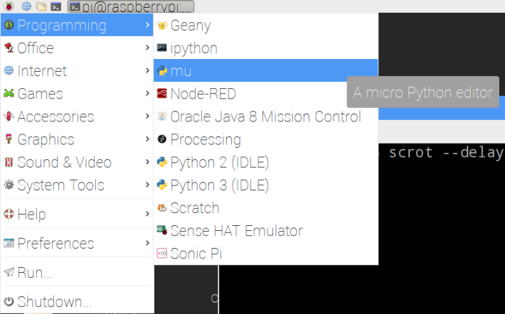 完成安裝後，樹莓派中的程式集便可以看見 mu 程式。