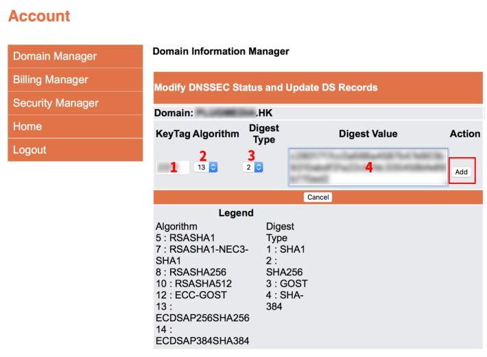6. 將第 3 步中 CloudFlare 顯示出來的資料，按圖中編號拷貝過去。要留意 HKDNR 裡 Digest Type （雜湊類型）是用數字來代表的，要對照 CloudFlare 上的資料來選擇。填妥後就按「 Add 」鍵繼續；