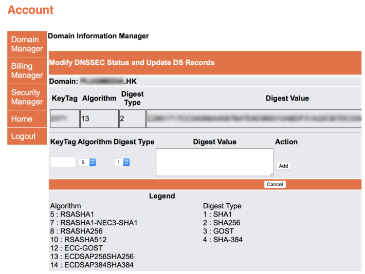 8. 這時可以再次選擇 HKDNR 裡的域名和 DNSSEC 選項來確認資料已生效，也可以刪除或新增其他 DNSSEC 資料（如果你的公司網站採用多間供應商的 DNS 的話）；