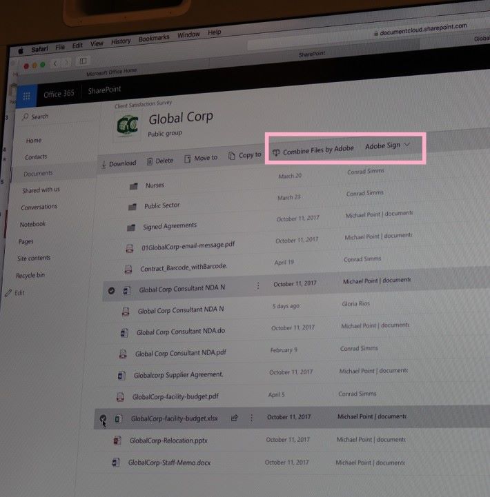 可直接在 Microsoft Office 365 / SharePoint 等介面中使用 Adobe Acrobat 功能，如把兩份檔案結合成一份 PDF。