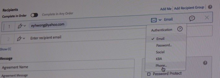 在收件人認證方法中選擇「Social」，代表對方需登入 Facebook 等社交網站才能簽署，而「Phone」則代表對方要輸入 SMS 密碼方可簽署。