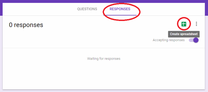 Step 1: 首先按下表單的上方的「 RESPONSES 」，在按下右方綠色的圖標「 Create spreadsheet」 。