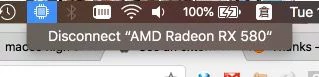 一插上 Node Pro ,選單列即會顯示 eGPU 圖示,點擊就可以安全拔除外顯箱。