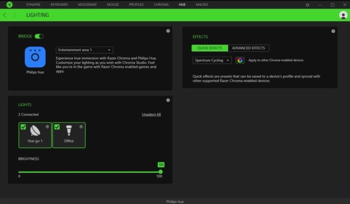 Chroma Studio 內玩家可自行作各種設定，包括 Razer 本身的鍵盤燈效，以及 Philips Hue 的燈效。