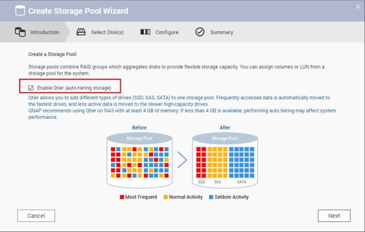 剛購買 NAS、建立新儲存池時，勾選啟動 Qtier 便行了。