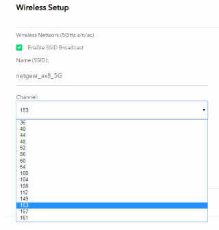 可於管理介面選擇用哪個DFS頻道。（圖為 Netgear AX8 ）