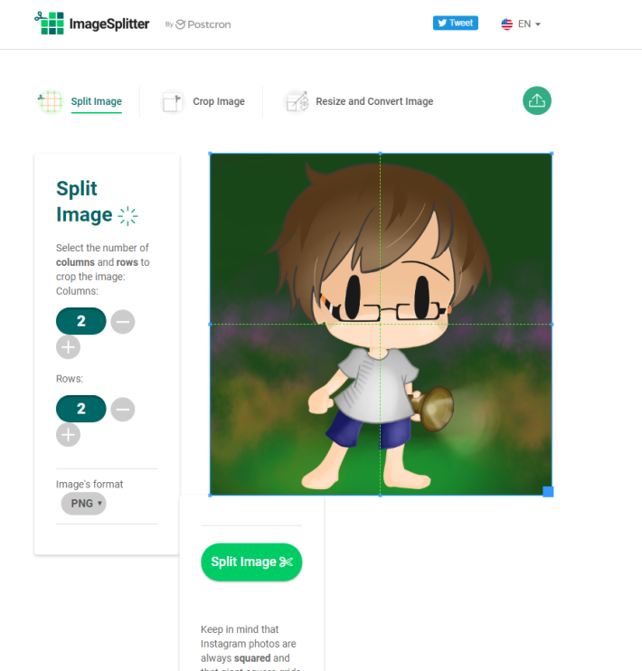 今次以 ImageSplitter 示範，只要上載圖片後輸入想分割的份數按一下「 Split Image 」就能下載圖片