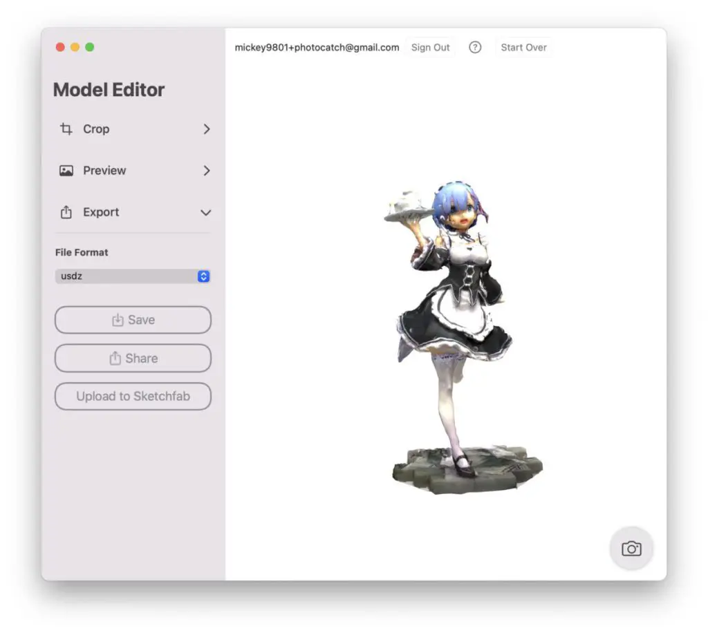 轉換完成後可以將 3D 模型儲存起來、分享給朋友或者直接上傳到 Sketchfab 。