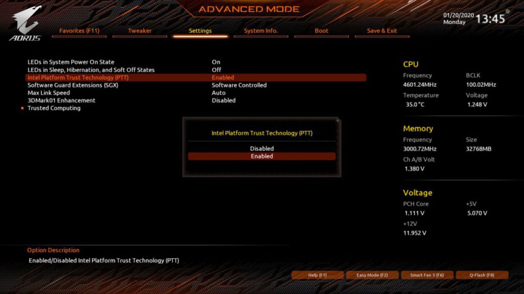 對於 AMD 主機板， TPM 2.0 的設定稱為「 AMD CPU fTPM 」。