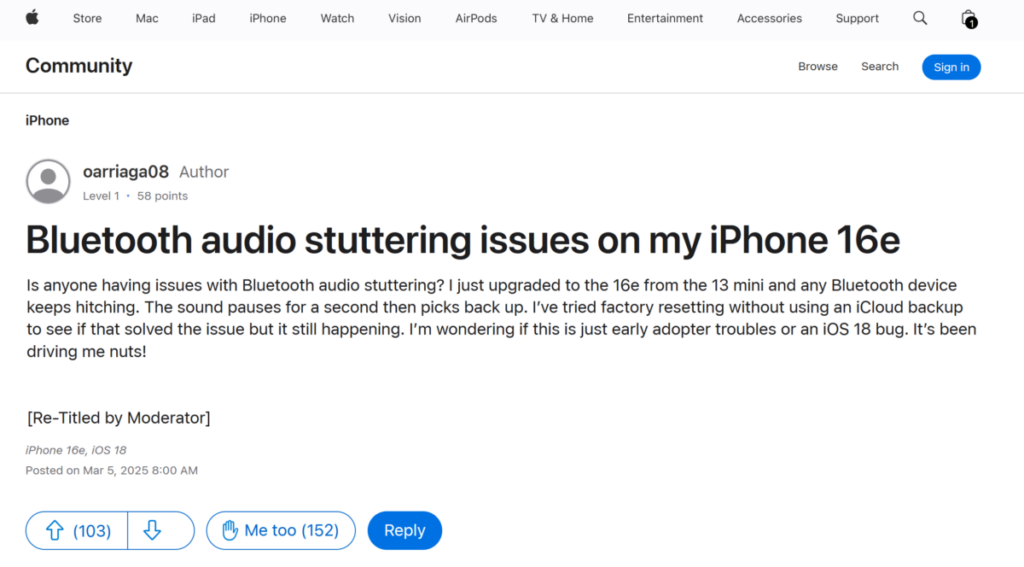 Apple 官方論壇上，有 150 多位 iPhone 16e 用家表示曾遇到藍牙音訊連接的問體