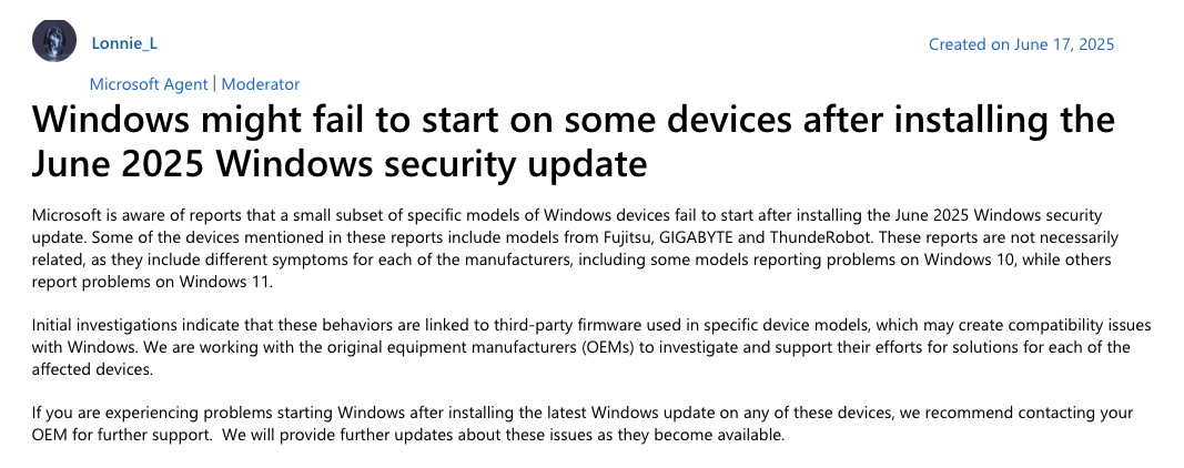 Windows Update 又出事！部分品牌裝置安裝 6 月更新後無法啟動 - PCM