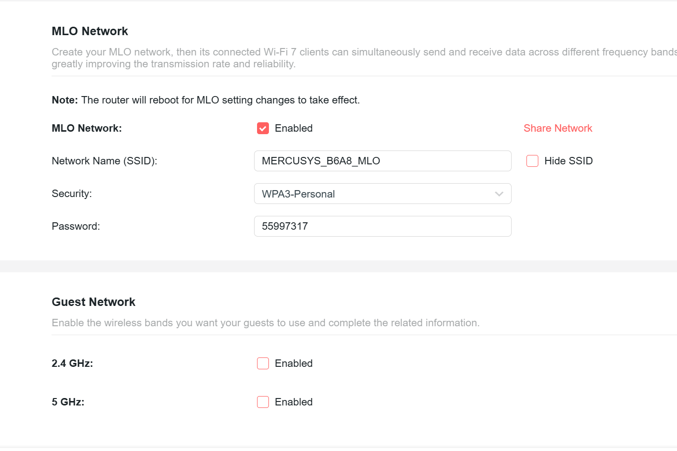 無線設定提供 MLO 功能,對網絡有 Wi-Fi 7裝置的用家,可另設 MLO SSID 以提供最佳網速。