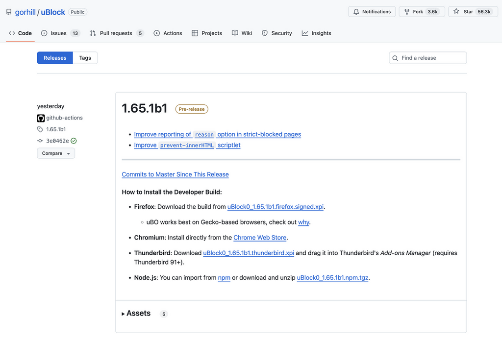 Step 3:於網址列輸入:https://github.com/gorhill/uBlock/releases,點選 uBlock 最新的 v1.65.1b1 版本。