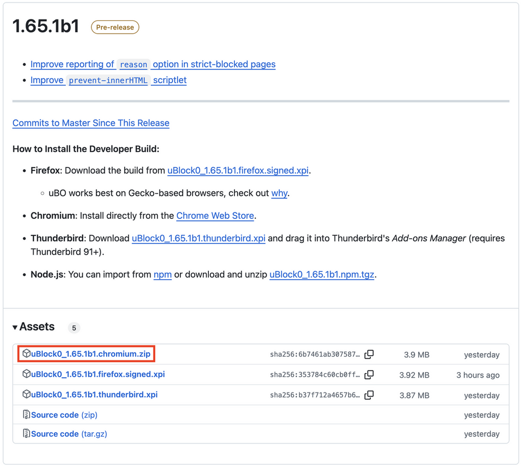 Step 4:於 Assets 中找出「uBlock0_1.65.1b1.chromium.zip」檔,然後下載及解壓縮,解壓之後將要將文件夾改名為 uBlock,並於硬碟內找個適當地方存放並一直保留,以便開啟 Chrome 時能讀取。