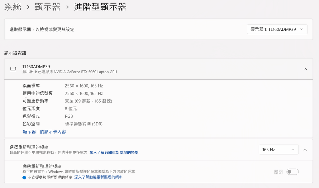 16 吋 2560 x 1600 16:10 比例的 IPS 屏幕,亮度為 400nits,並支援最高 165Hz 屏幕刷新率,不過未有支援 HDR 顯示,感覺有點可惜。