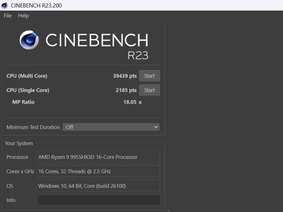 Cinbench R23 CPU Multi Core 得分 39439。