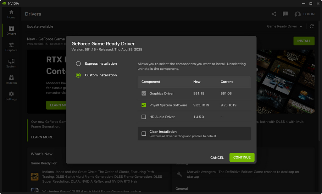 安裝 NVIDIA Geforce Game Ready Driver 時應該選擇 Custom installation,並不要安裝 HD Audio Driver。