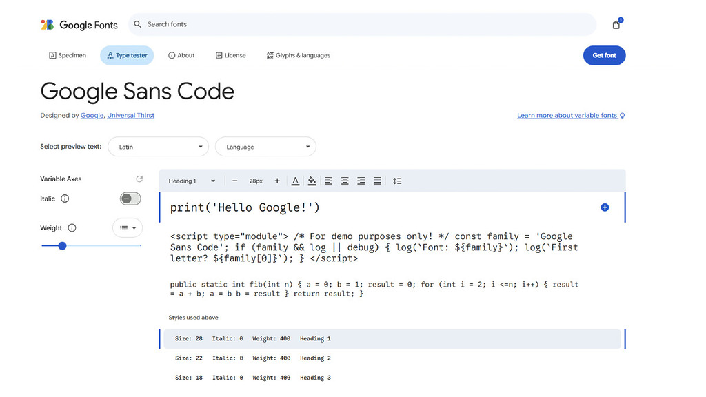 Google Sans Code 字體檔可以免費在 Google Fonts 網站下載。
