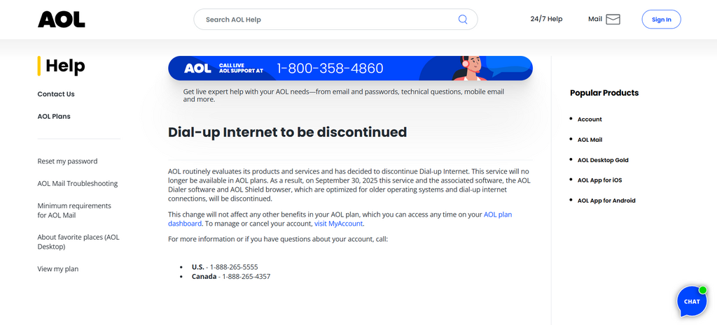 AOL 只於官網上簡單宣布撥號上網服務壽終正寢，告別網民。