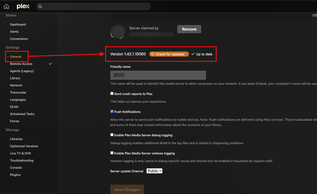 登入 Plex Media Server 後，進入 Settings 頁面，在左邊選單 Settings 區段進入 General 頁面，就可以查看版本和檢查更新。
