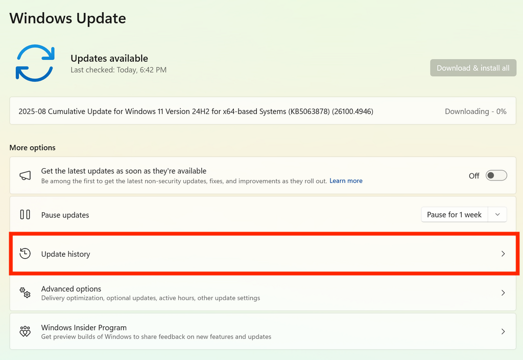 到 Settings ＞ Windows Update 點擊「Update history」；