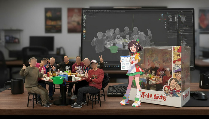 Place the girl in first image into the second image, standing beside the people sitting beside table. Match the color tone, light and shadow.