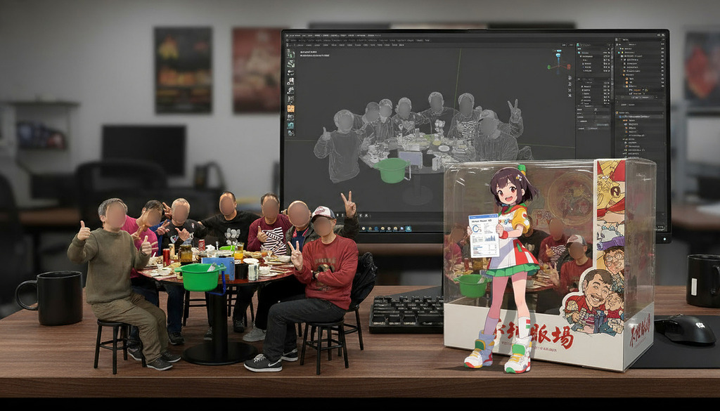 Place the girl in first image into the second image, standing at the right side of the people sitting. Match the color tone, light and shadow.