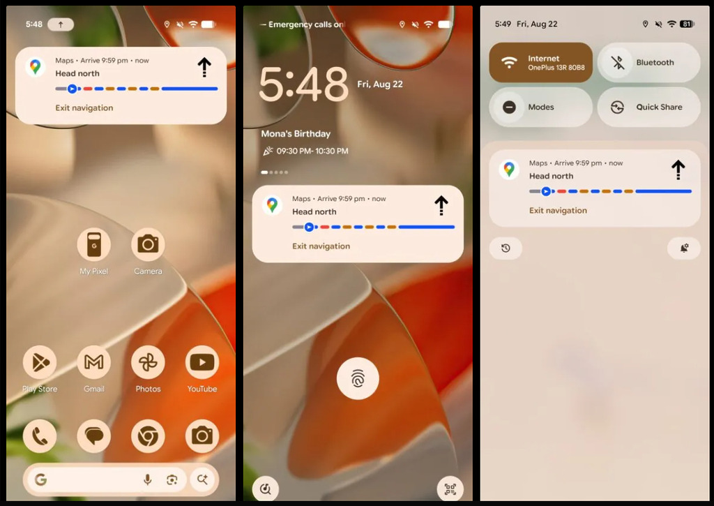 Android 16 正測試一個名為「Live Updates」通知區塊功能。當用家在使用 Google Maps 作導航時，Google Maps 會把路線資訊固定在通知區塊，並持續待在最上層。