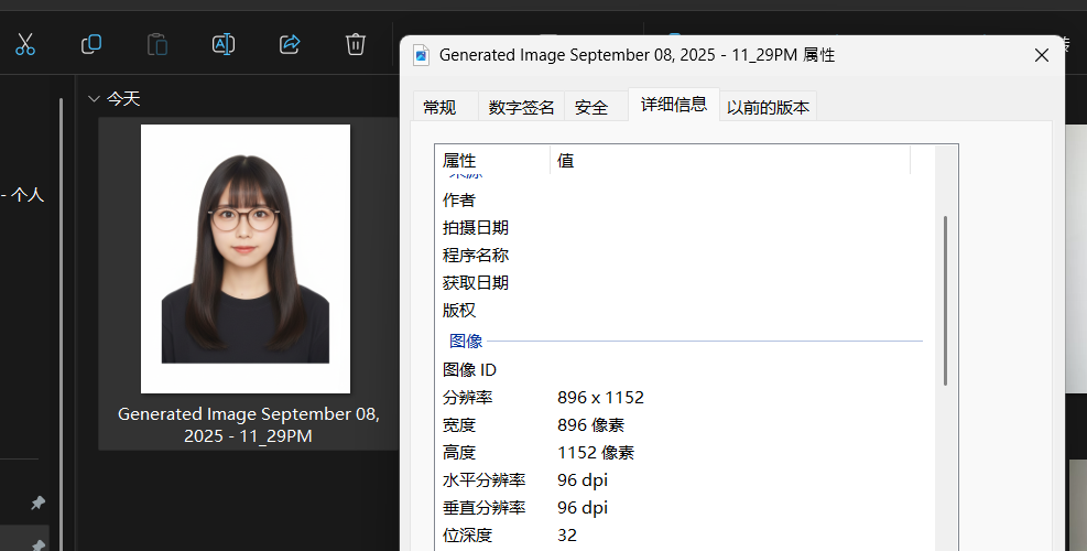 生成出來的證件相,解像度約為 896 x 1152,檔案大小為 110kb 左右,該可以滿足一般需要。