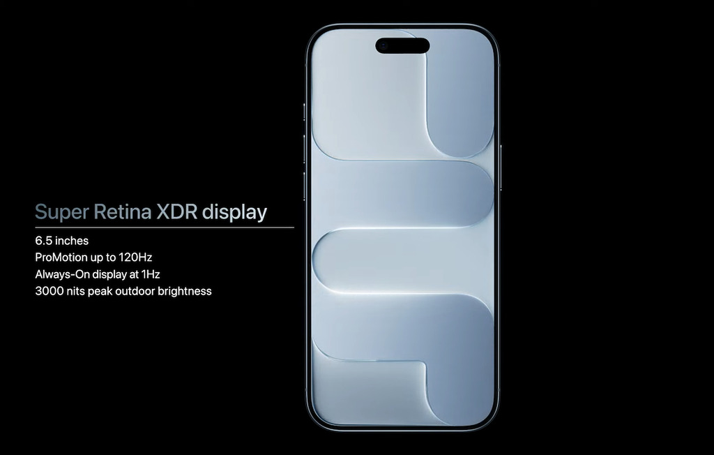 比 iPhone 17 的屏幕更大一點，亦有 ProMotion 技術支援高達 120Hz 更新率及 3000nits 亮度。