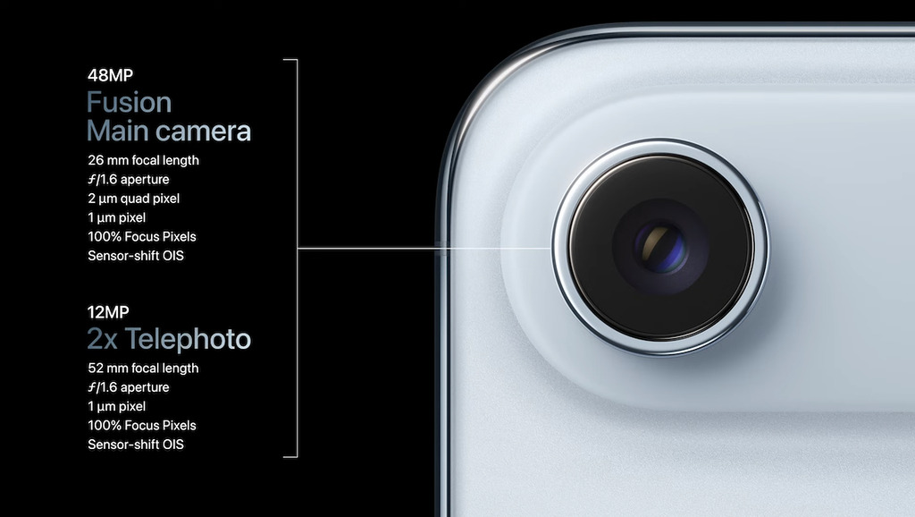 備有 48MP 單鏡頭，提供 Sensor-shift OIS 防震及 12MP 2× 變焦拍攝功能。