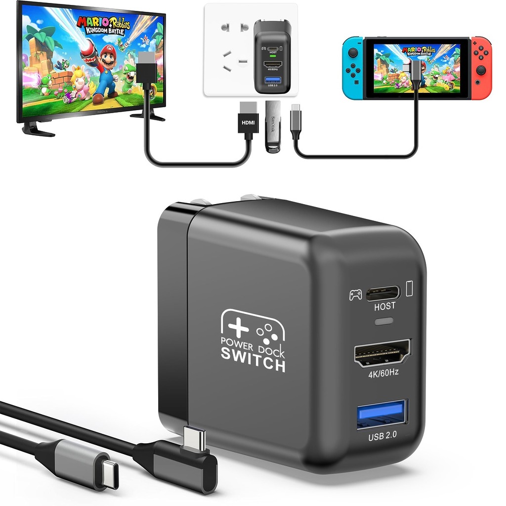 記得初代 Switch 推出後,不少配件商都為 Switch 推出配備 HDMI 輸出的充電器,方便用家即使沒有帶備原廠底座,也能接連電視使用。