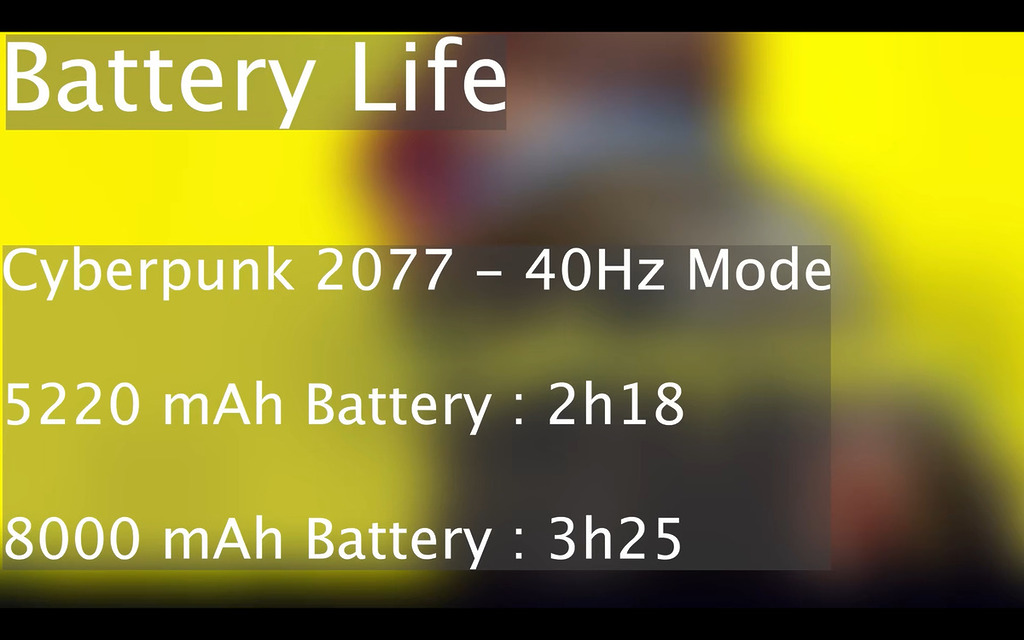 naga 在完成 Switch 2 換電改裝後,試玩了《Cyberpunk 2077》,從影片附上的圖片中,在 40Hz 模式中,原廠電池的續航力為 2 小時 18 分鐘,換上 8,000 mAh 電池後,就增至 3 小時 25 分鐘。