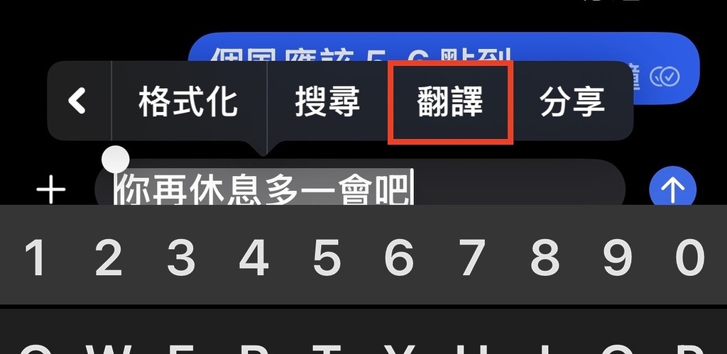 在通訊 app 的對話框輸入字串,選取字串,會在上下文選單中找到「翻譯」選項。