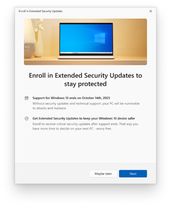 更新 Windows 10 到最新版本後，就會加入延伸安全性更新精靈，幫助用戶完成 ESU 註冊。