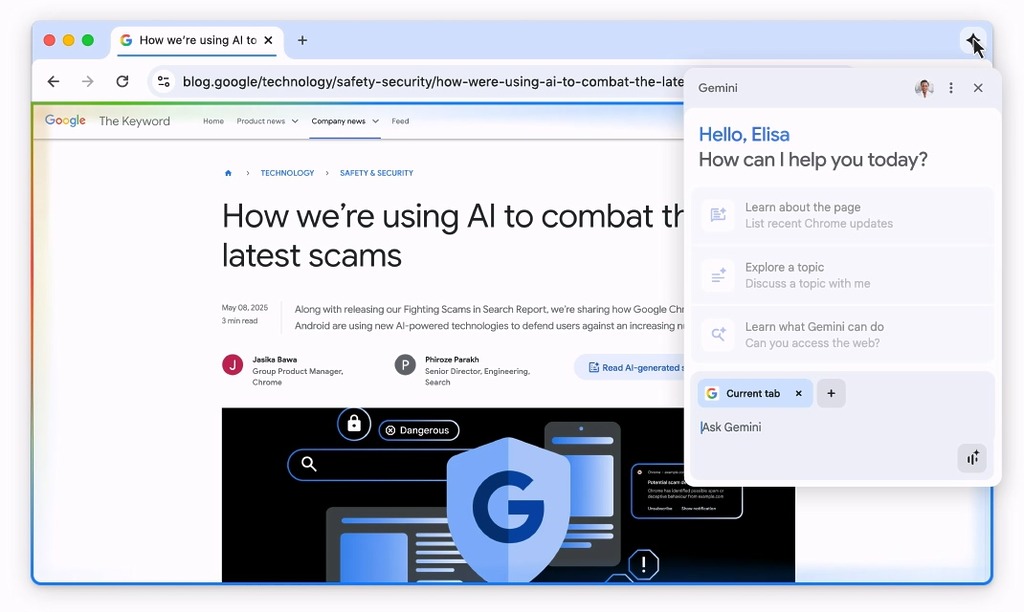 Gemini in Chrome 讓 Gemini 完美整合至 Chrome 內,使用瀏覽器將變得前所未有的簡單。