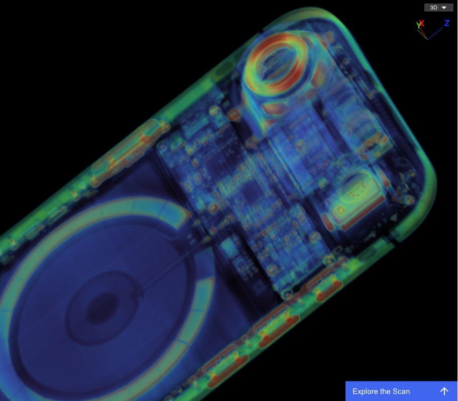 iFixit 公開 iPhone Air 的 X 光掃描 3D 圖像,讓大家清楚看到 iPhone Air 的邏輯電路佈置在凸起的鏡頭殼下面,以騰出更多空間放電池。