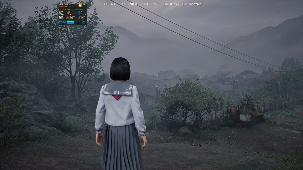 RTX 5080 顯示卡，在「畫質」優先 TSR 原生渲染及解除幀速上限，在比較開揚的場景可低見 45FPS 左右