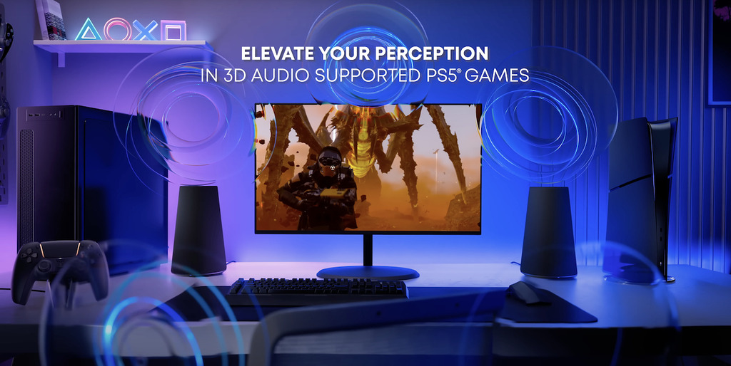 Pulse Elevate 桌面無線遊戲喇叭可連接 PS5、PC 或 Mac，提供強勁的立體聲遊戲音效。