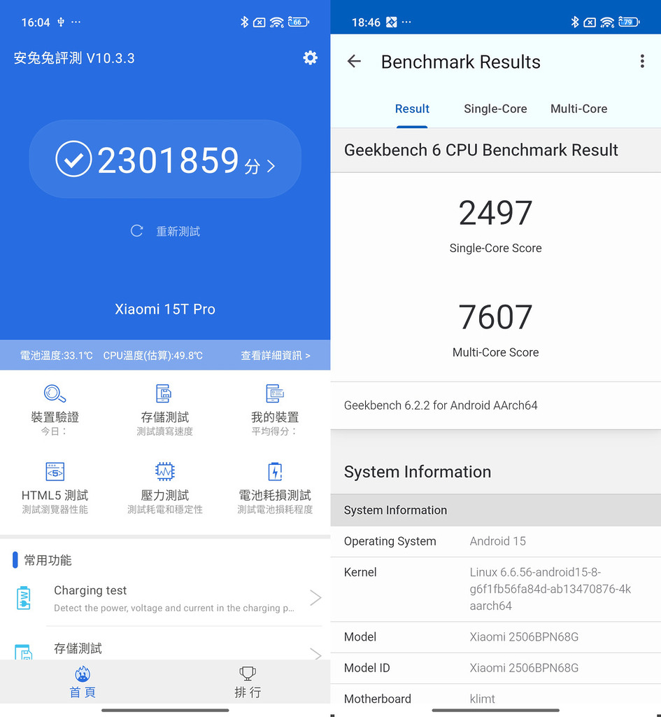 根據安兔兔測試，分數高達 230 萬，效能上甚至略高於 Qualcomm Snapdragon 8 Gen 3。而 Geekbench 6 CPU 跑分為 2,497（單核）及 7,607（多核），效能上的確比上代 14T Pro 有相當的提升。