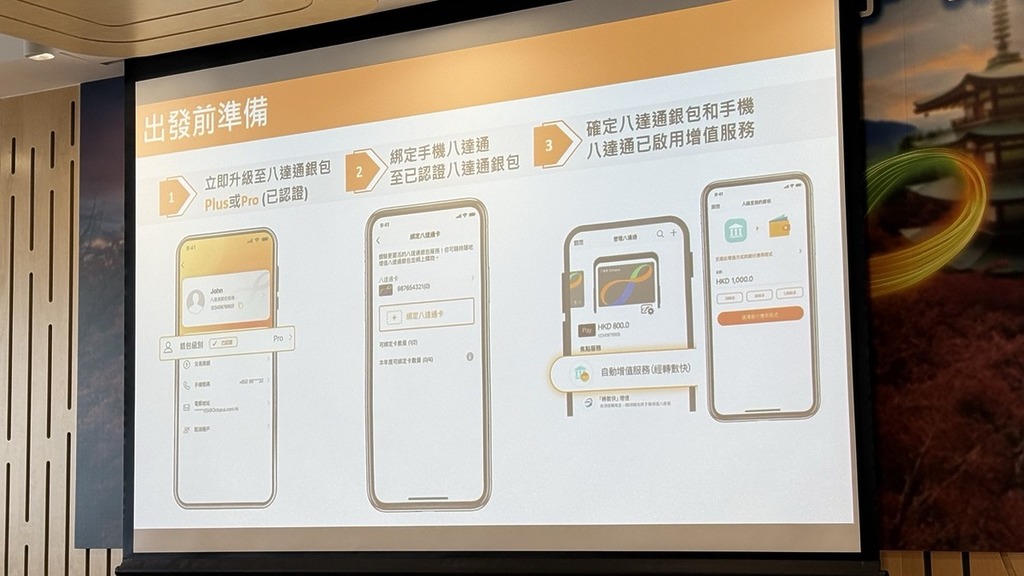 到日本旅遊前應升級和認證八達通銀包，將八達通卡綁定到銀包，並且啟用自動增值服務。