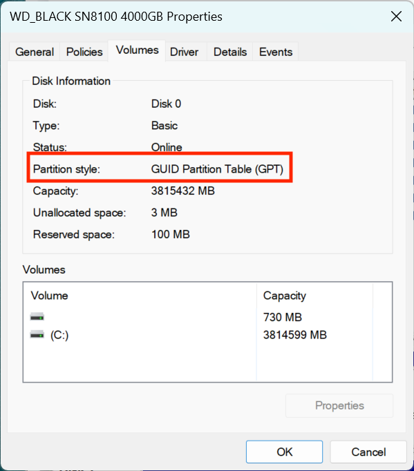 可以在 Disk Manager 查看碟機的 Partition Style 是否 GPT。