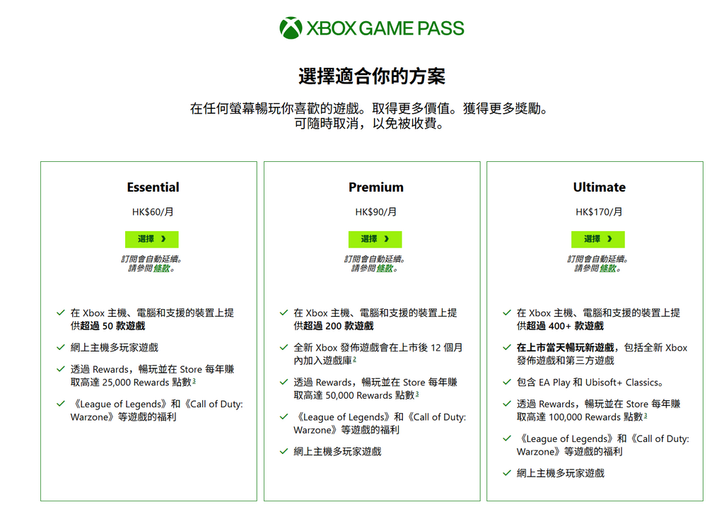 目前 Game Pass 的 3 個訂閱方案,最低由 $60 起。