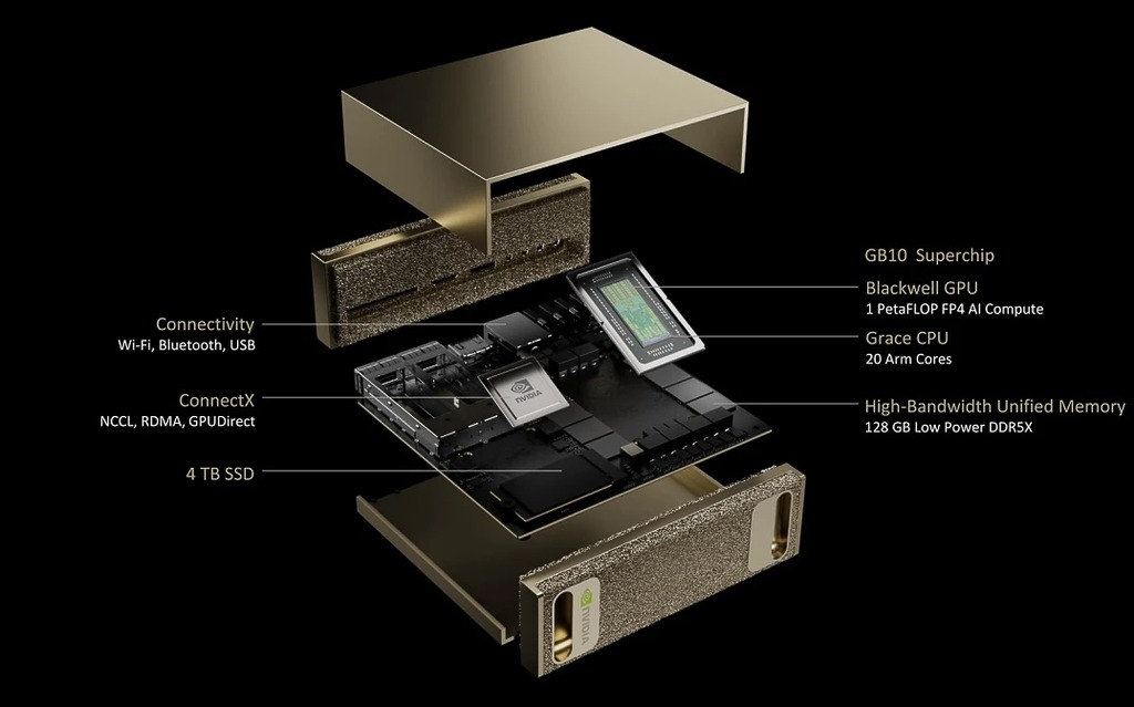 DGX Spark 在 150mm 邊長裡配備 GB10 Grace Blackwell 超級晶片、128GB 高頻寬記憶體、ConnectX-7 連接和最大 4GB SSD。