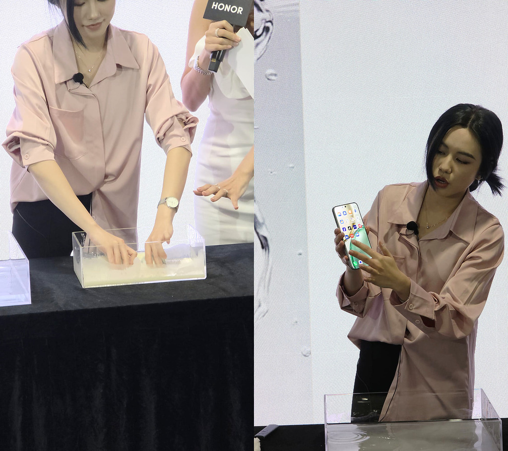 香港發表會即場示範 HONOR X9d 的防水性能。